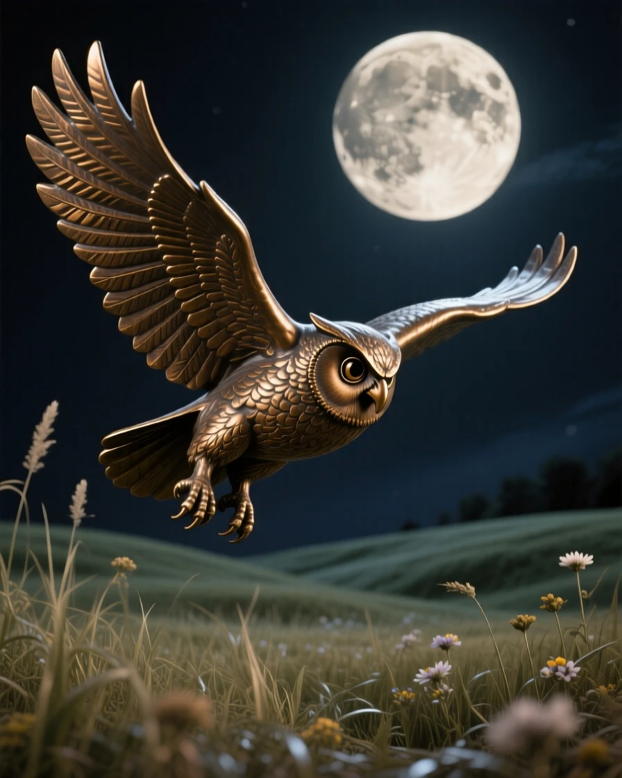 An owl in silent flight over a moonlit field, rendered with rich, dynamic energy, evoking wonder and majesty