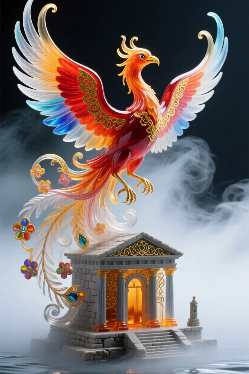 A grand phoenix rising above an ancient temple wrapped in morning mist, transcendent and radiant.