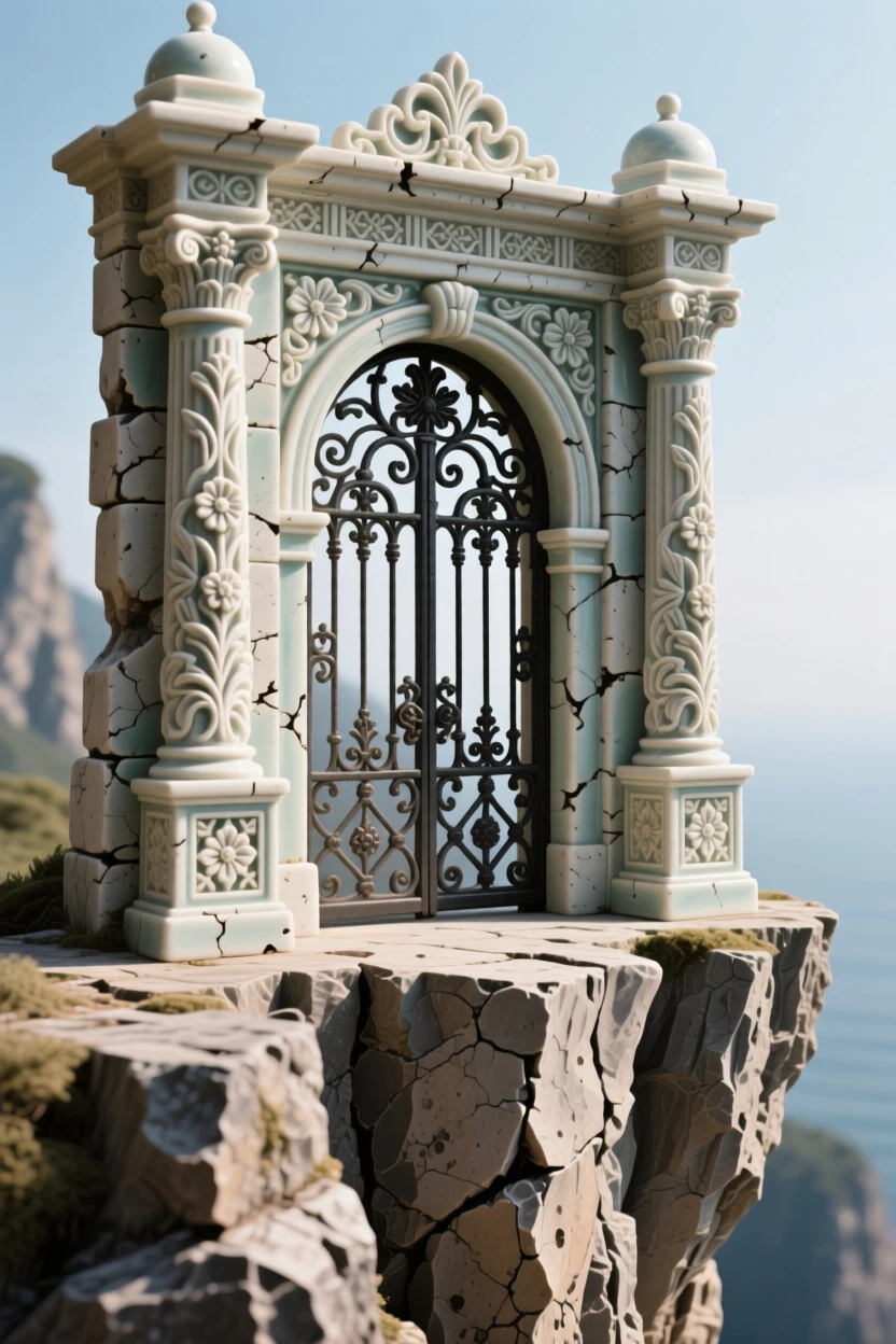An ornate palace gate flanked by carved pillars perched dramatically at the edge of a cliff, with weathered stone showing centuries of history, conveying serenity and architectural majesty.