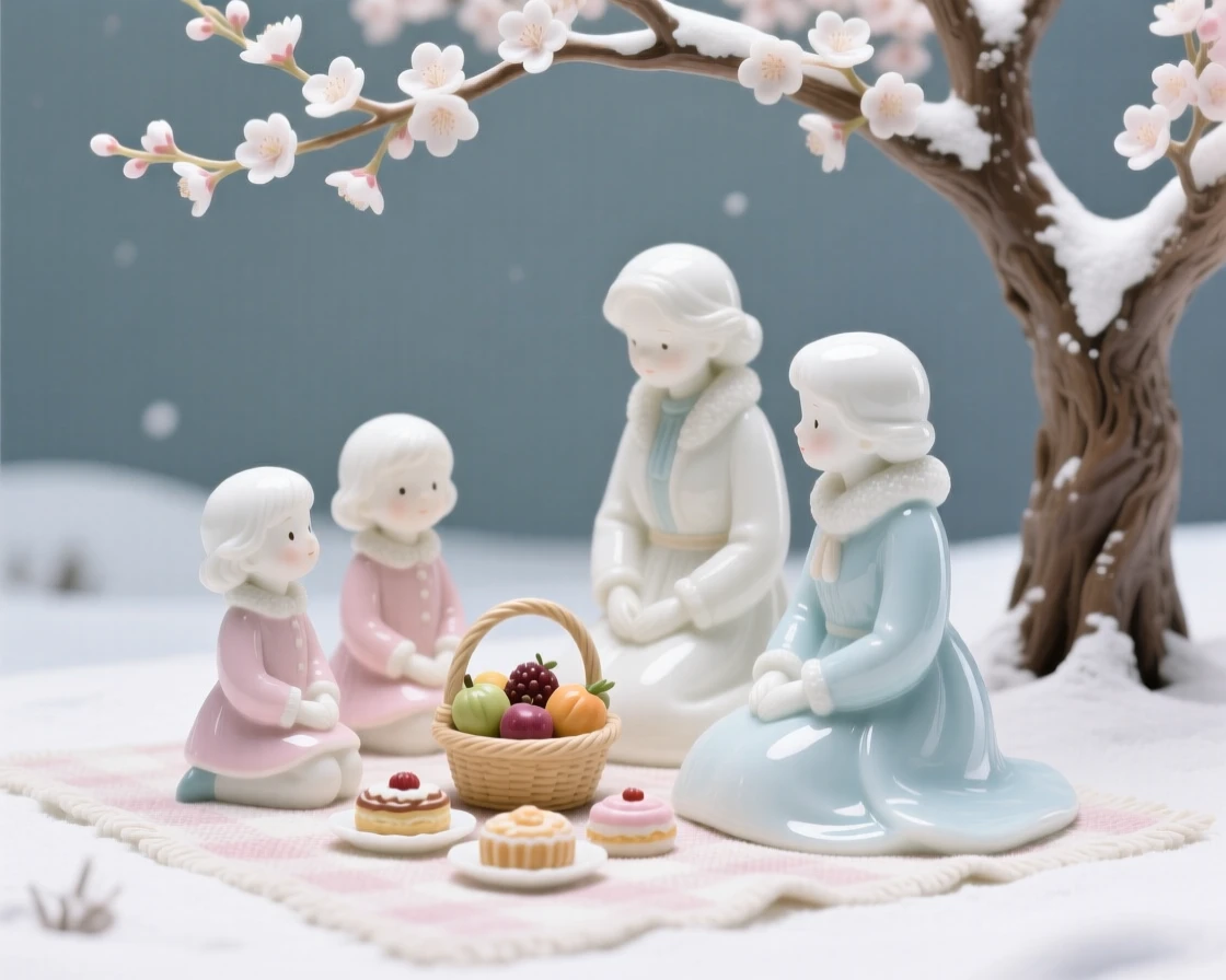 A cozy winter moment: a picnic beneath blossoming trees, evoking warmth and nostalgic comfort.