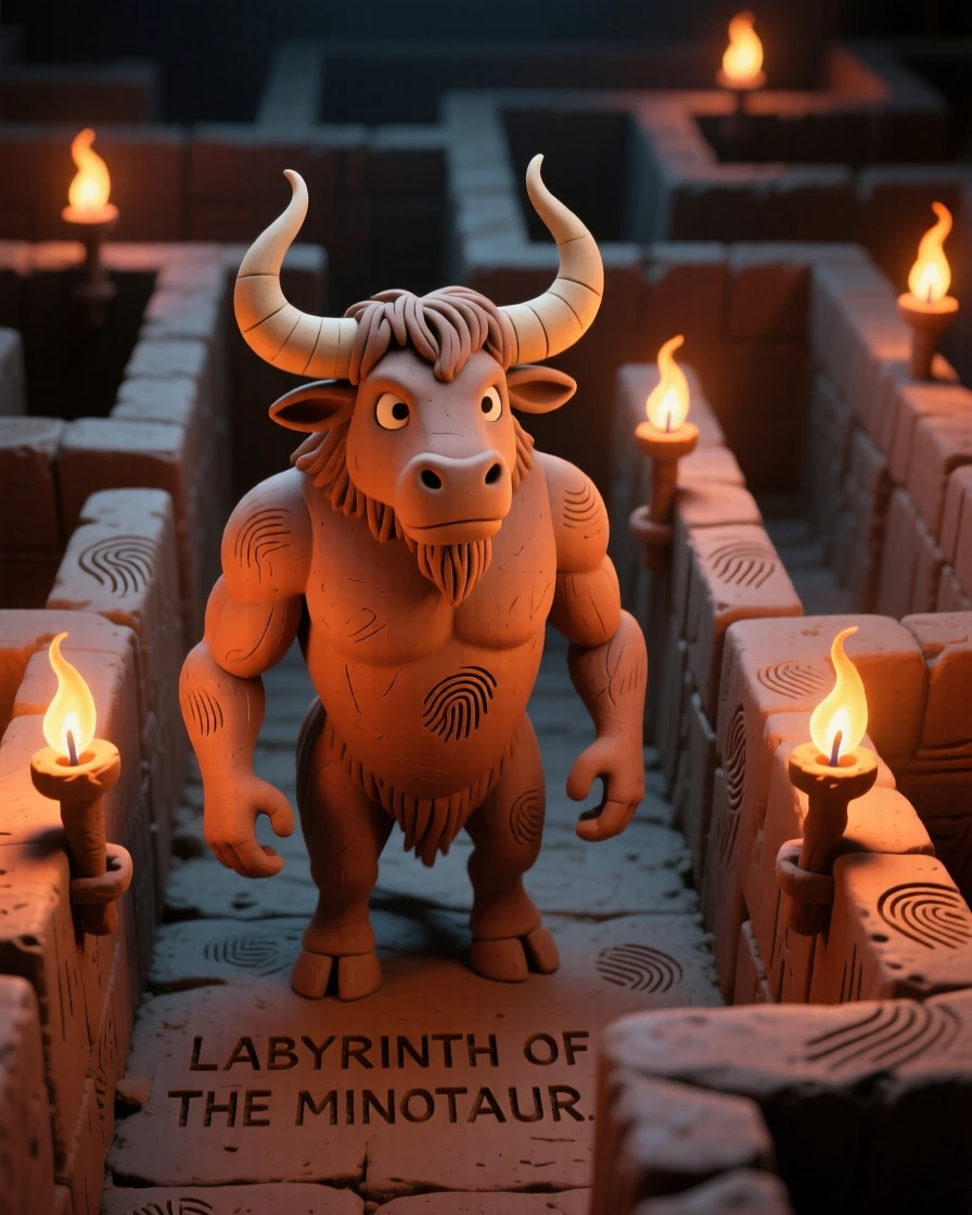 A minotaur standing at the center of a torch-lit labyrinth