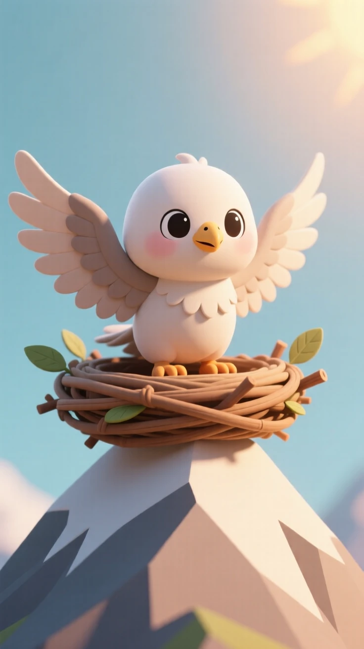 A curious baby griffin practices flapping its half-grown wings atop a sunlit mountain nest, feathers ruffled with effort.