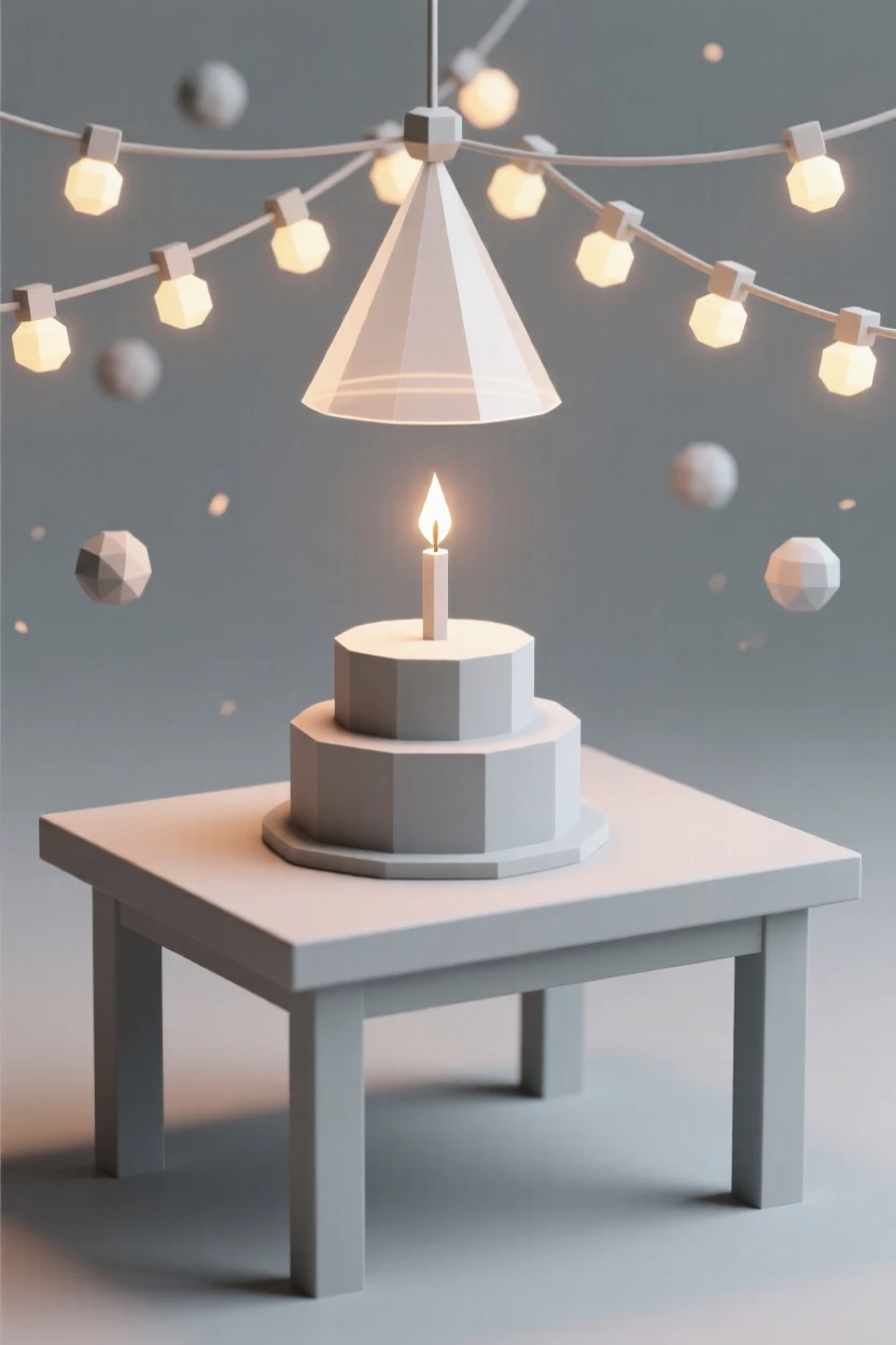 A birthday celebration table with a glowing candle-lit cake, under strings of warm twinkling lights. warm glowing lights create a festive ambiance. There is a joyful, festive energy in the air.