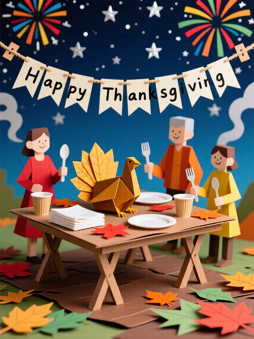 A festive Thanksgiving family table glowing softly under a starry sky, with fireworks bursting colorfully overhead, capturing the spirit of gratitude and joy.