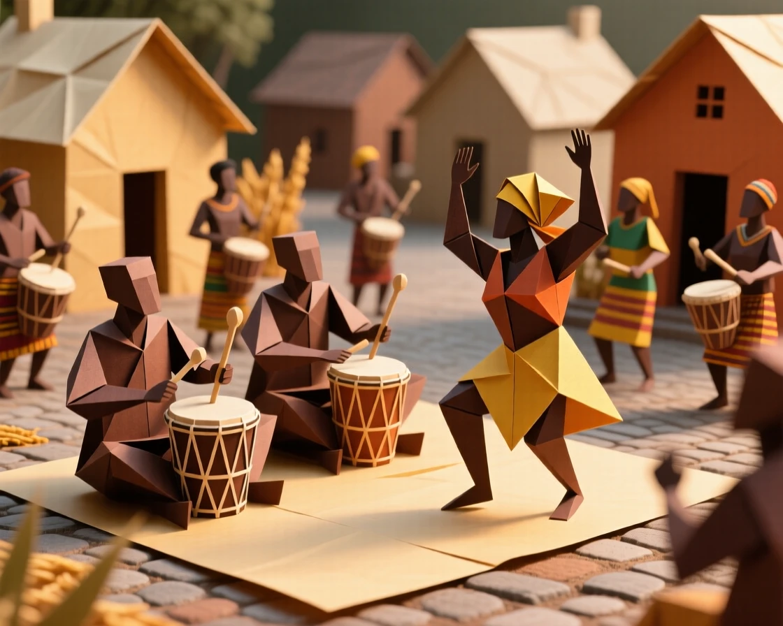 A Ghanaian Homowo harvest festival scene with drummers and dancers in a village square.