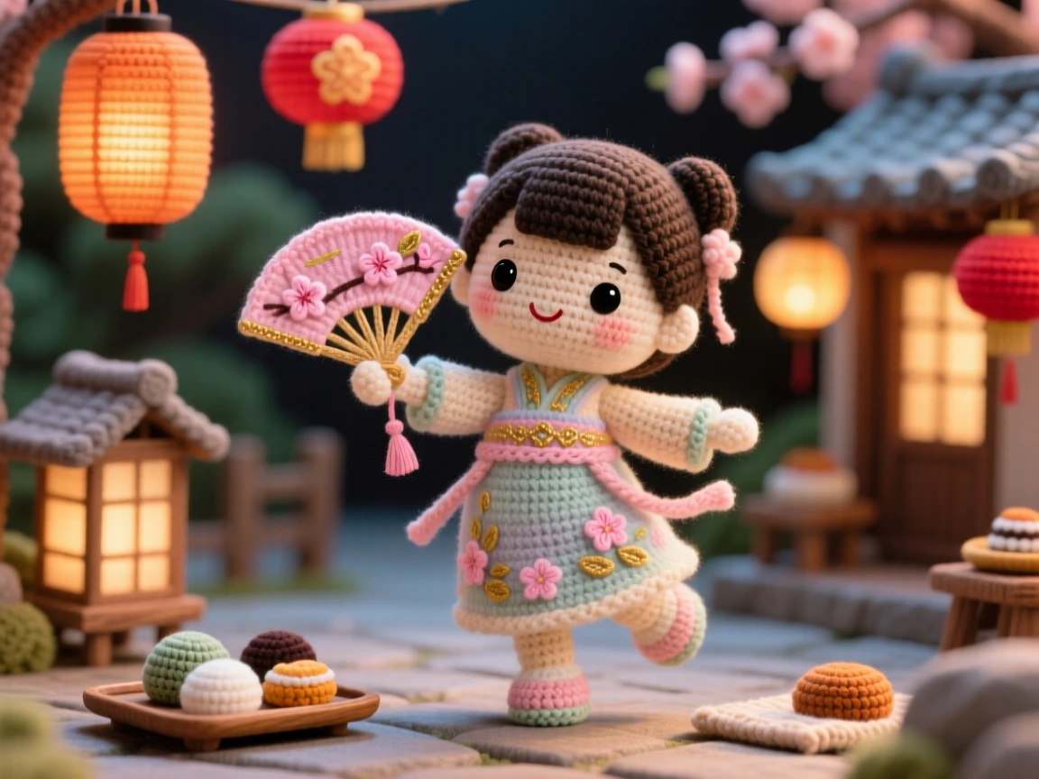 a little girl practicing a traditional fan dance, with a painted silk fan, is shown moving gracefully in a slow circle in a lantern-lit village square beside a small tray of traditional sweets nearby, capturing the cheerful spirit of a beloved tradition.
