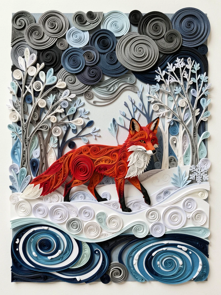 A striking wildlife scene of a red fox trotting through a snow-dusted forest surrounded by softly rippling water, in the dramatic contrast of a stormy sky, composed with the animal as a striking central focal point.