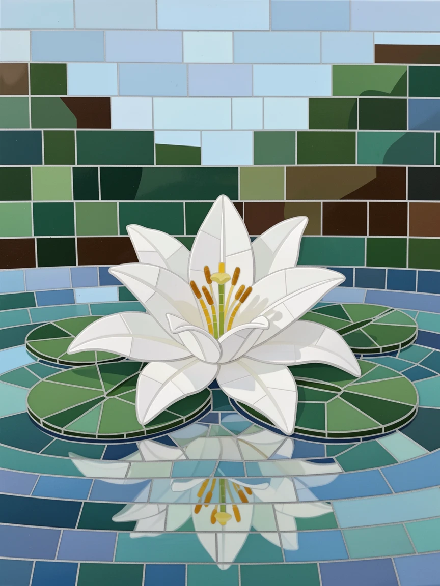 A single perfect white lily floating on a still pond, with soft morning light and a gentle blur of background greenery.
