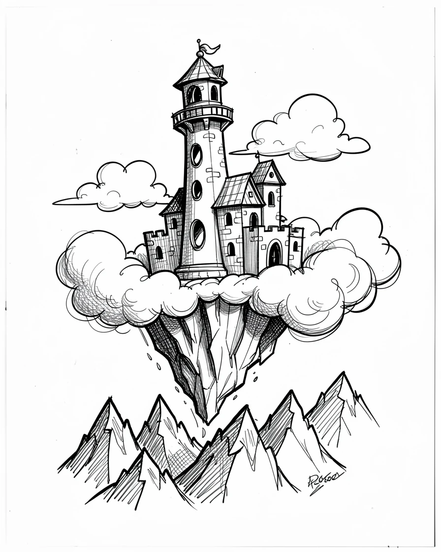 A lighthouse castle perched on a cliff among the clouds above a mountain range.
