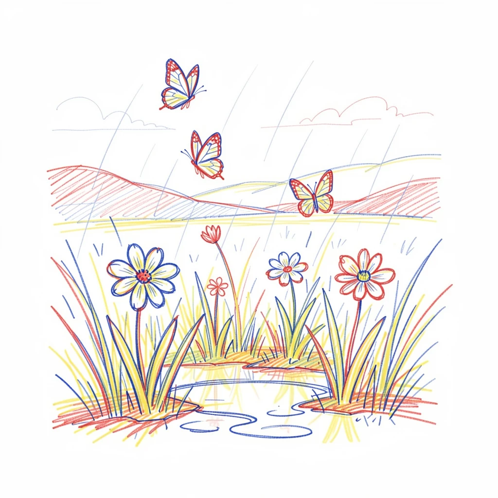 A spring meadow alive with butterflies after a passing rain shower