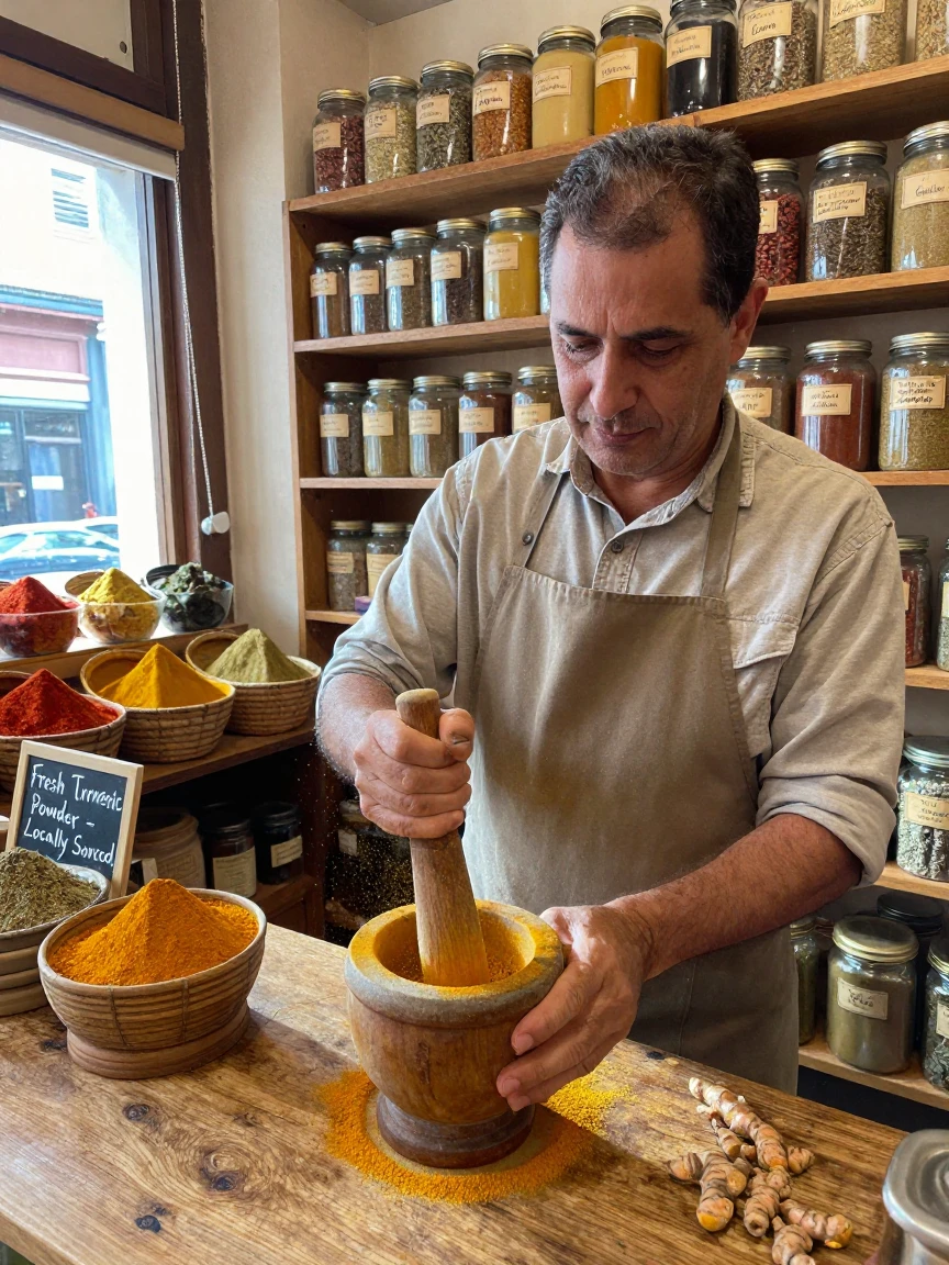A spice shop owner grinds fresh turmeric root into golden powder.