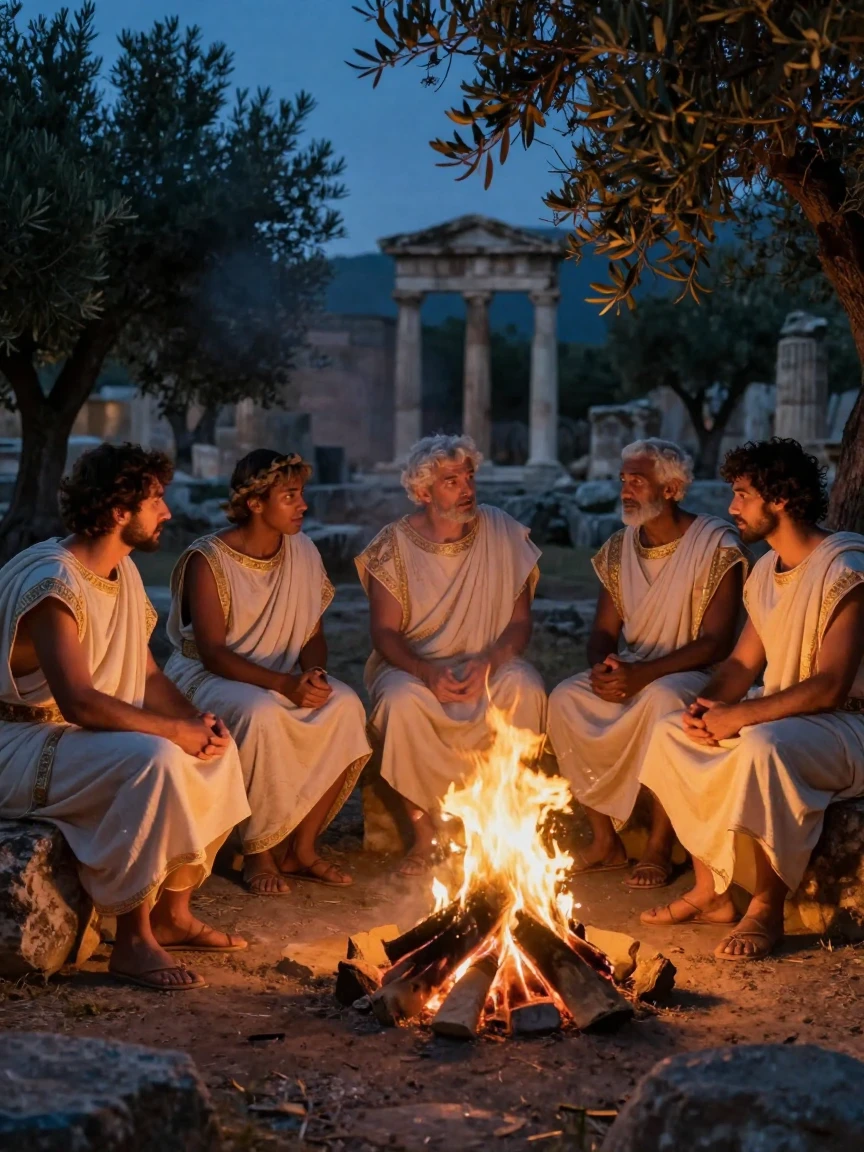A group of ancient Greek scholars gathered around a crackling evening fire