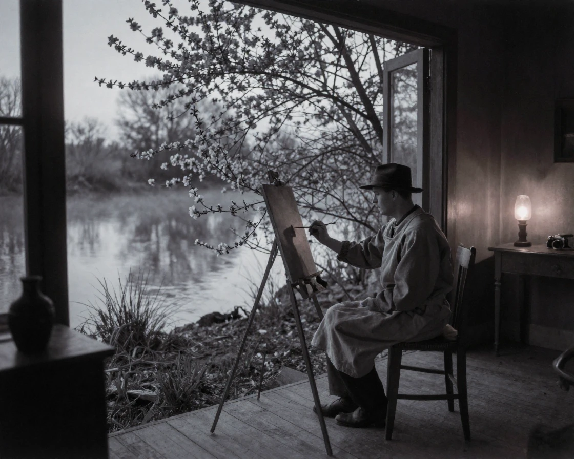 A painter working en plein air beside a quiet riverbank, in cool blue twilight, as mist rises off the ground, as spring blossoms unfurl, with stark black-and-white contrast softened by a single warm hue, viewed from across the room.