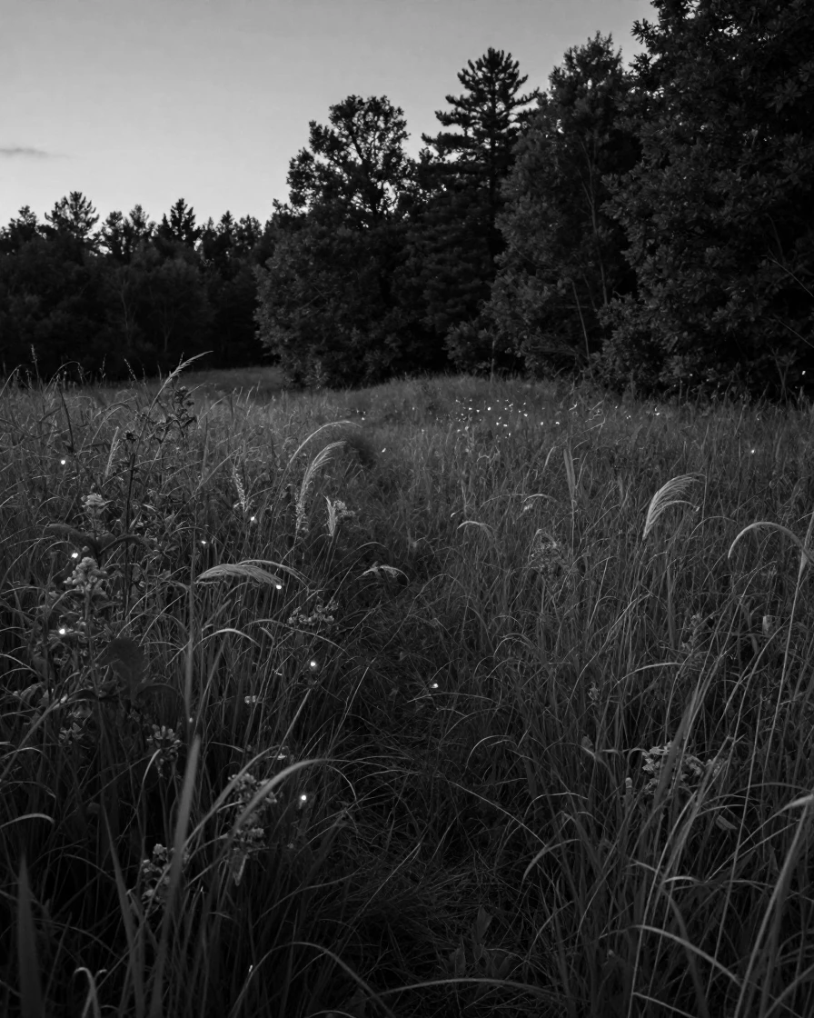 A group of fireflies lights up a dark summer meadow at the edge of a quiet forest.