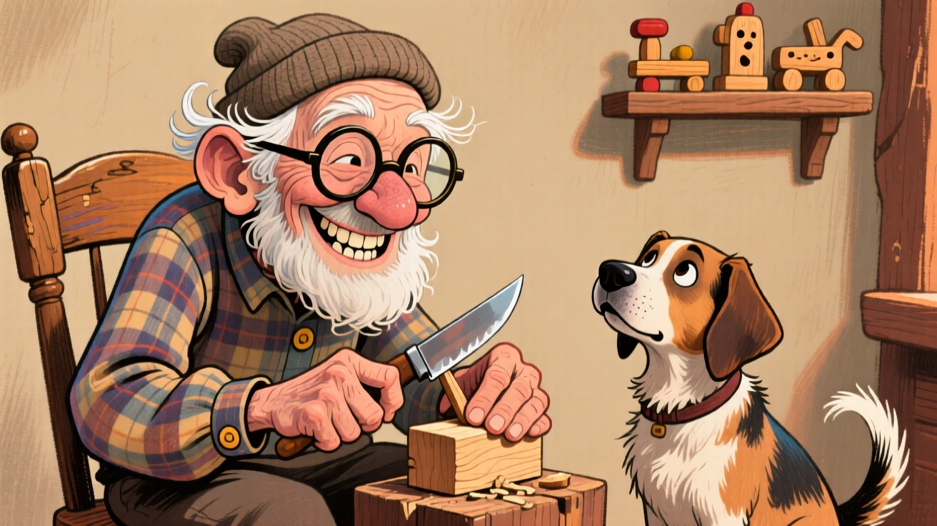A grandfather whittling a wooden toy while his loyal dog watches attentively.