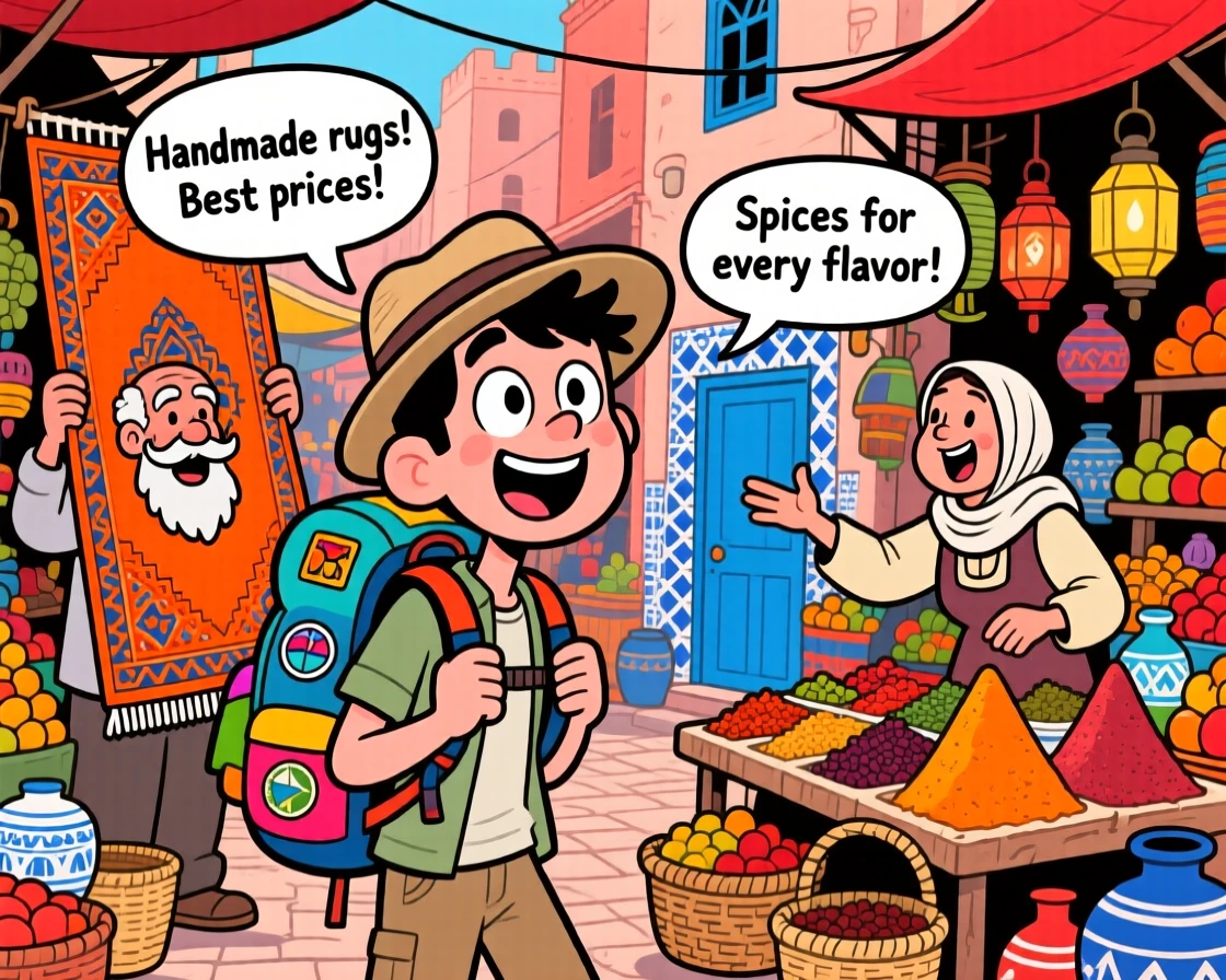 An iconic travel scene featuring a solo backpacker wandering through a bustling market in Marrakech, as street vendors call out cheerfully nearby.