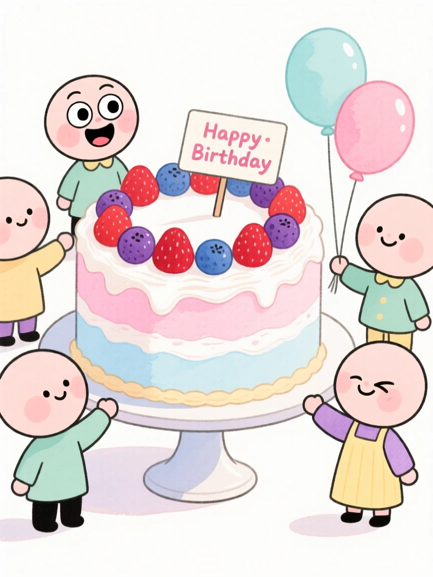 A cozy, appetizing, elegant and intimate scene of a birthday cake covered in fresh berries and pastel frosting