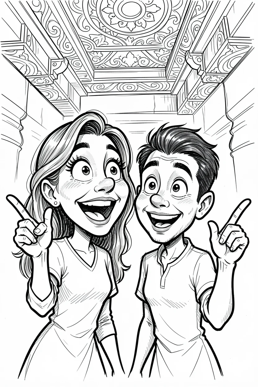 [Travel & Cultural Experiences] Vivid travel scene of an excited honeymoon couple admiring an ornate temple ceiling, full of wonder and adventure