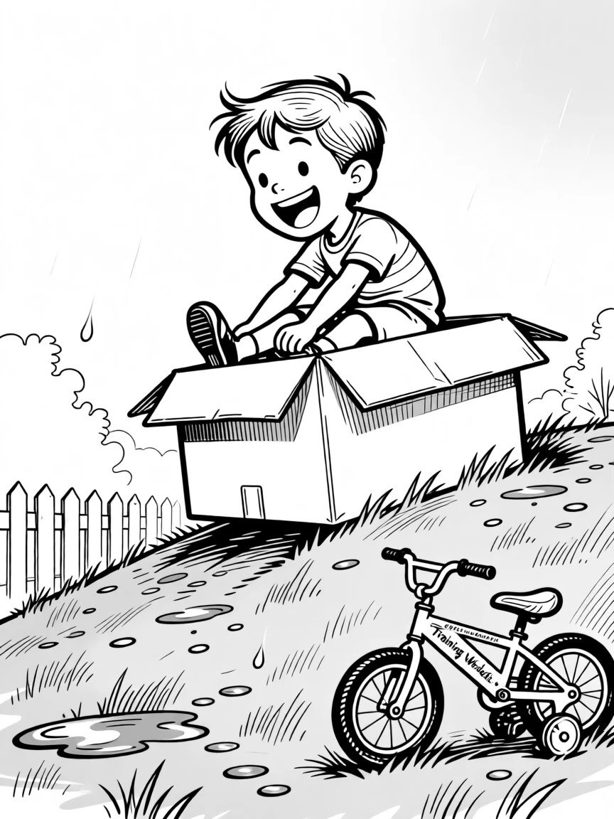 A kid riding a cardboard box down a grassy hill, steering wildly with both feet dragging as brakes, set in a backyard after a summer rainstorm. A tiny bicycle with training wheels waits nearby. The scene captures the wild imagination only kids have.