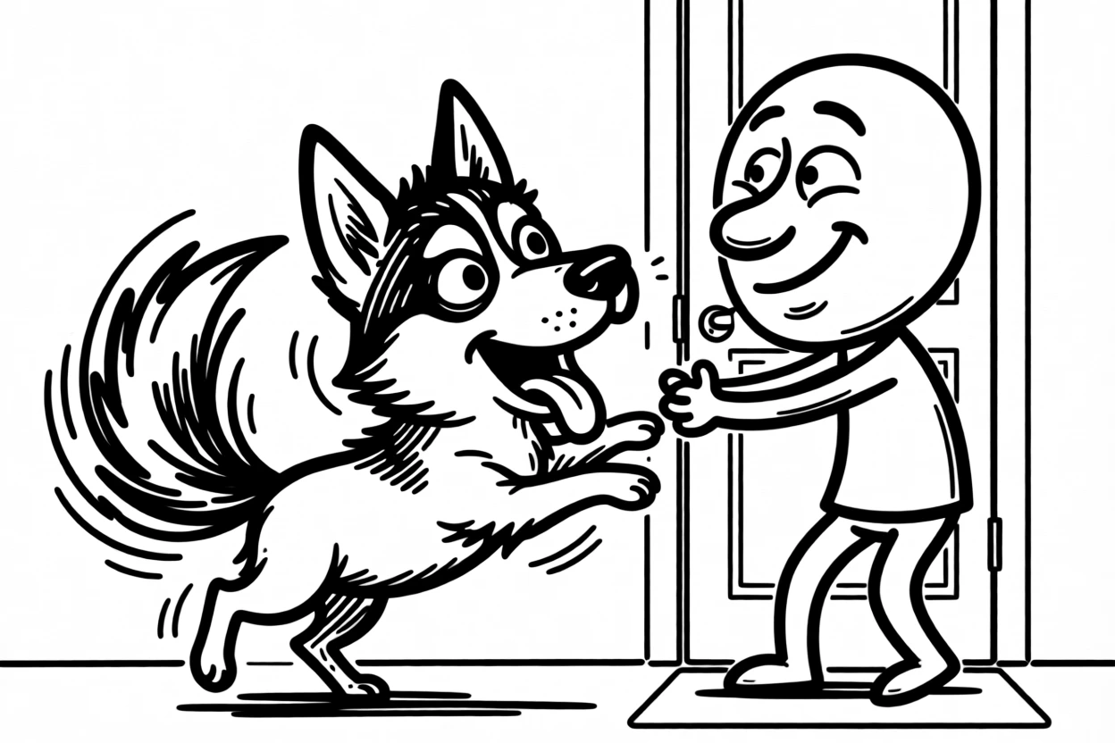A husky puppy excitedly greeting its owner at the door after a long day, tail a blur.
