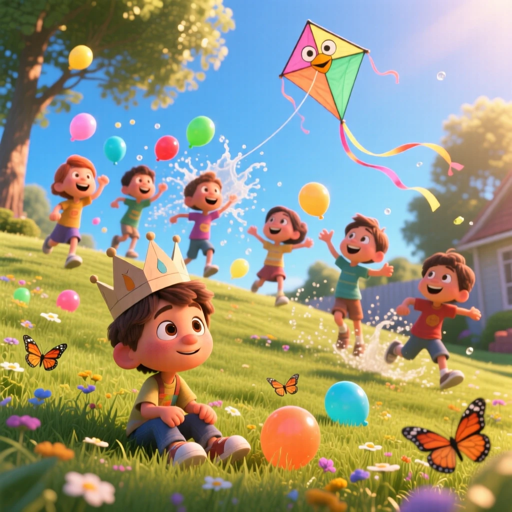 Kids having a water balloon fight in the backyard takes place on a grassy hill perfect for kite flying, with a paper crown perched slightly crooked. A lighthearted sense of discovery colors the moment.