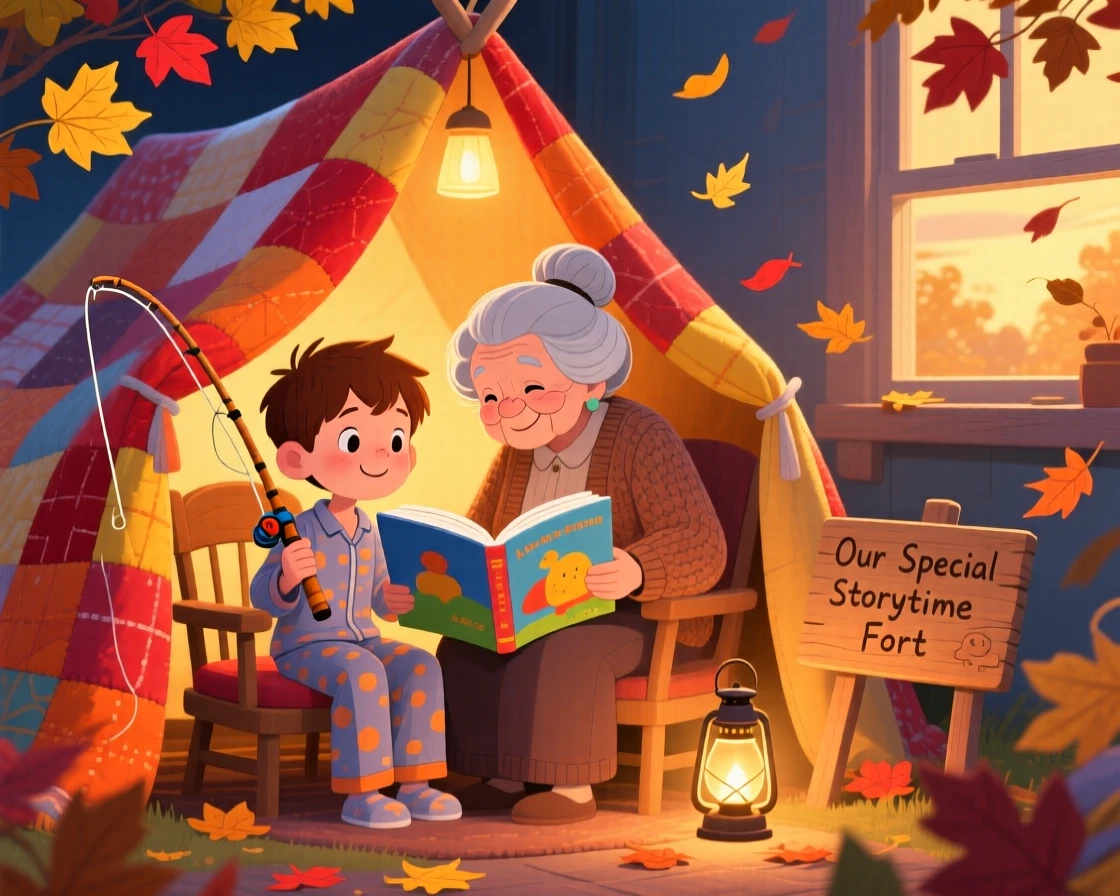 A boy with a fishing rod and her grandmother are reading a bedtime story under a blanket fort, as autumn leaves swirl around them.