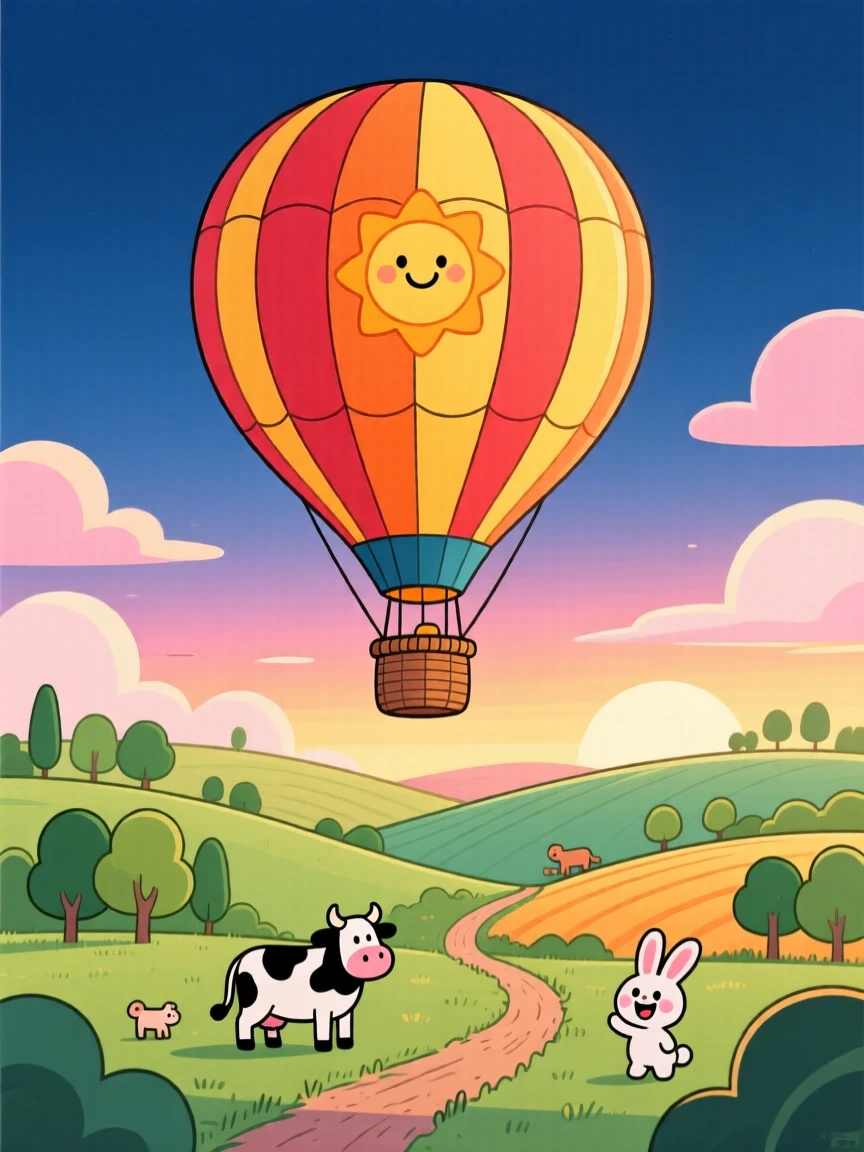 A hot air balloon drifting low over a quiet countryside at dawn.