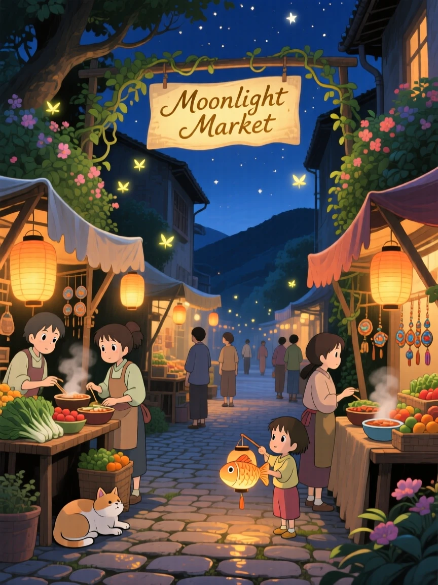A nighttime scene of a lantern-lit street during a quiet night market, peacefully luminous.