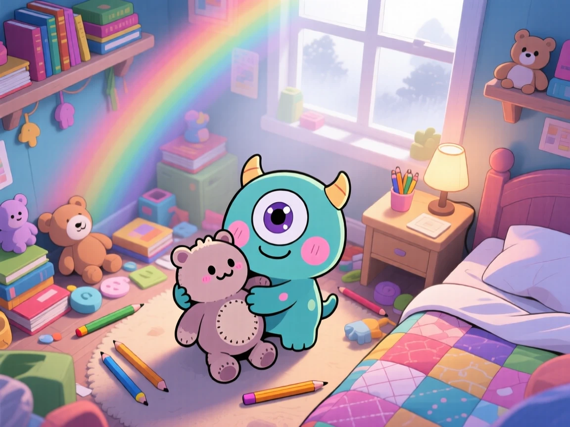 High aerial view: a tiny googly-eyed monster, hugging a stuffed toy monster, set against a cluttered cozy bedroom on a misty foggy morning, with bright rainbow-tinted light and a mood of shy bashfulness.