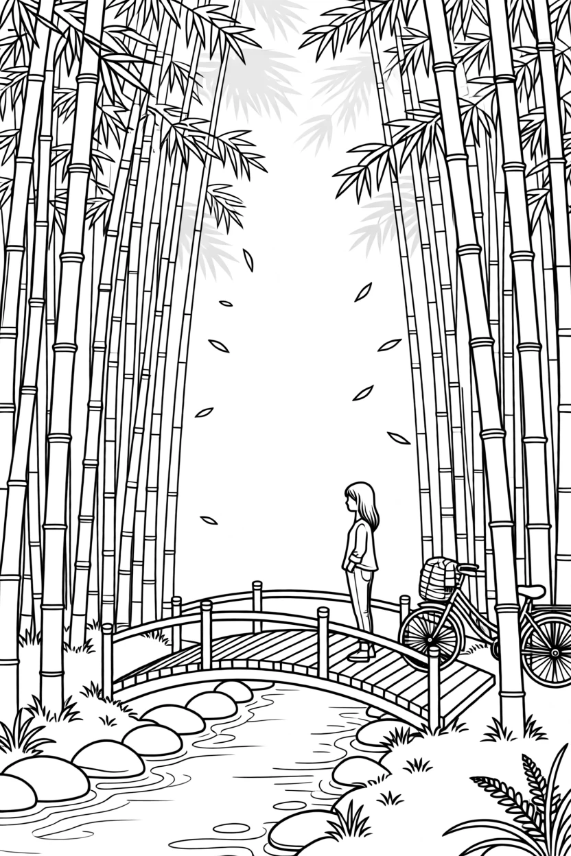 A bamboo forest with light filtering between the stalks, with a small wooden bridge crossing a stream nearby.