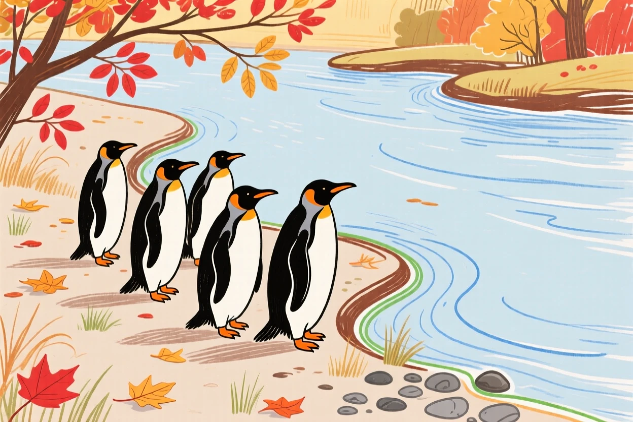 A group of penguins playing along a quiet riverbank on a crisp autumn day.
