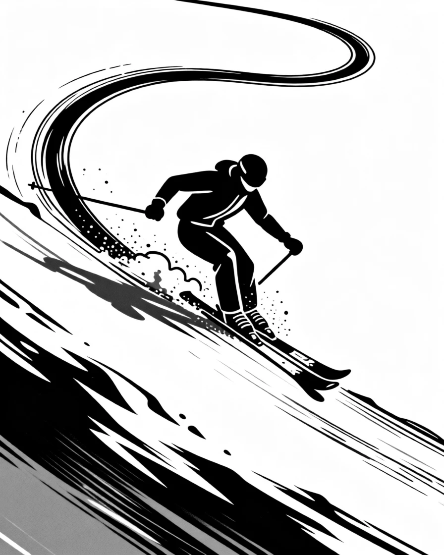 A skier carving fresh powder down a steep mountain slope.