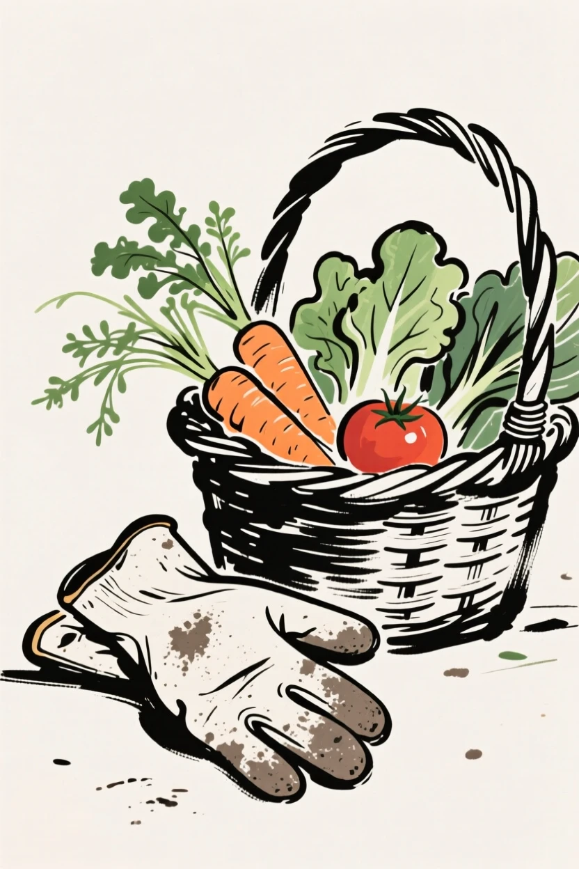 A pair of worn gardening gloves resting beside a basket of vegetables.