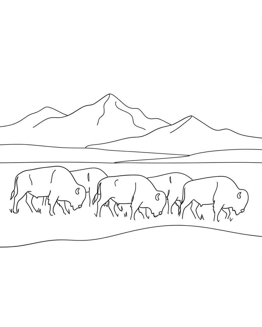 A herd of bison grazing across a wide prairie beneath distant mountains