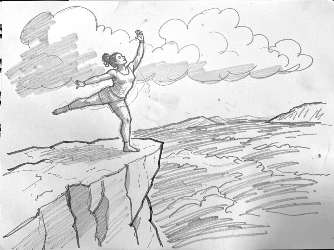 An energetic scene of a yoga practitioner holding a pose on a cliffside beside a rushing river, with dramatic clouds rolling in overhead.
