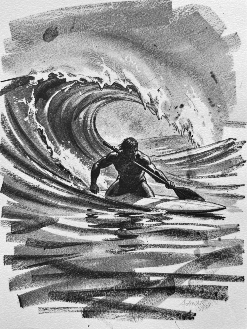 A surfer paddling out toward a rolling wave, in a moment of quiet togetherness.