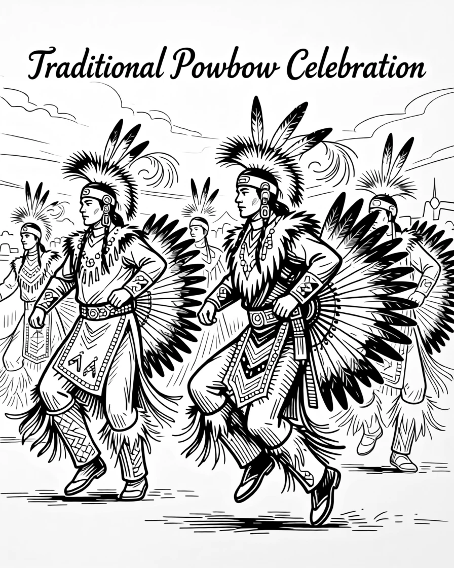 A traditional Native American powwow with dancers in vibrant regalia.