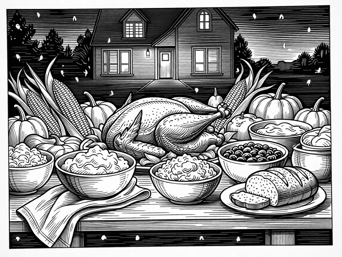 A thanksgiving table laden with a harvest feast as fireflies begin to appear at dusk, with warm light spilling from every window, capturing a gently sentimental seasonal moment.