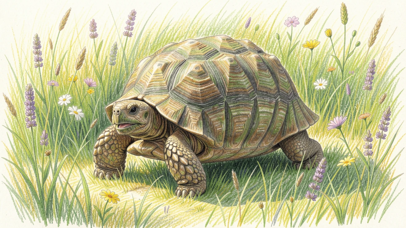 A gentle giant tortoise wandering through a sunlit meadow, with soft, natural light bringing warmth to every detail, full of charm, emotion, and visual delight.