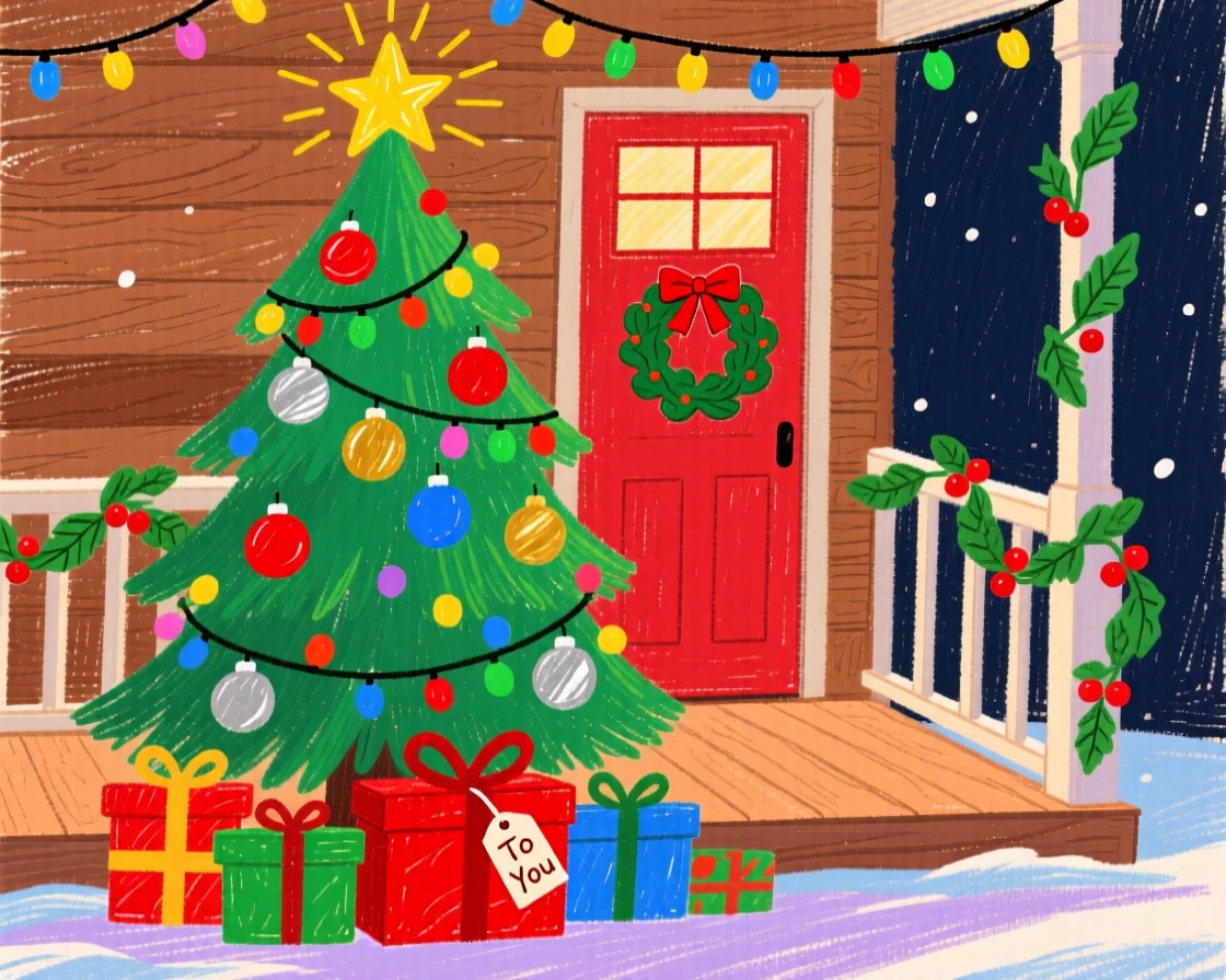 A decorated Christmas tree set on a porch decorated for the season.