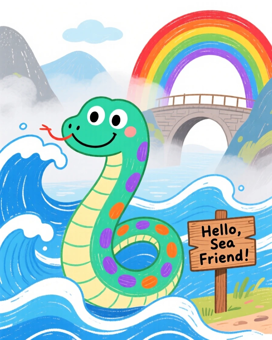 A friendly sea serpent curling through waves beside a rainbow bridge over a misty valley.