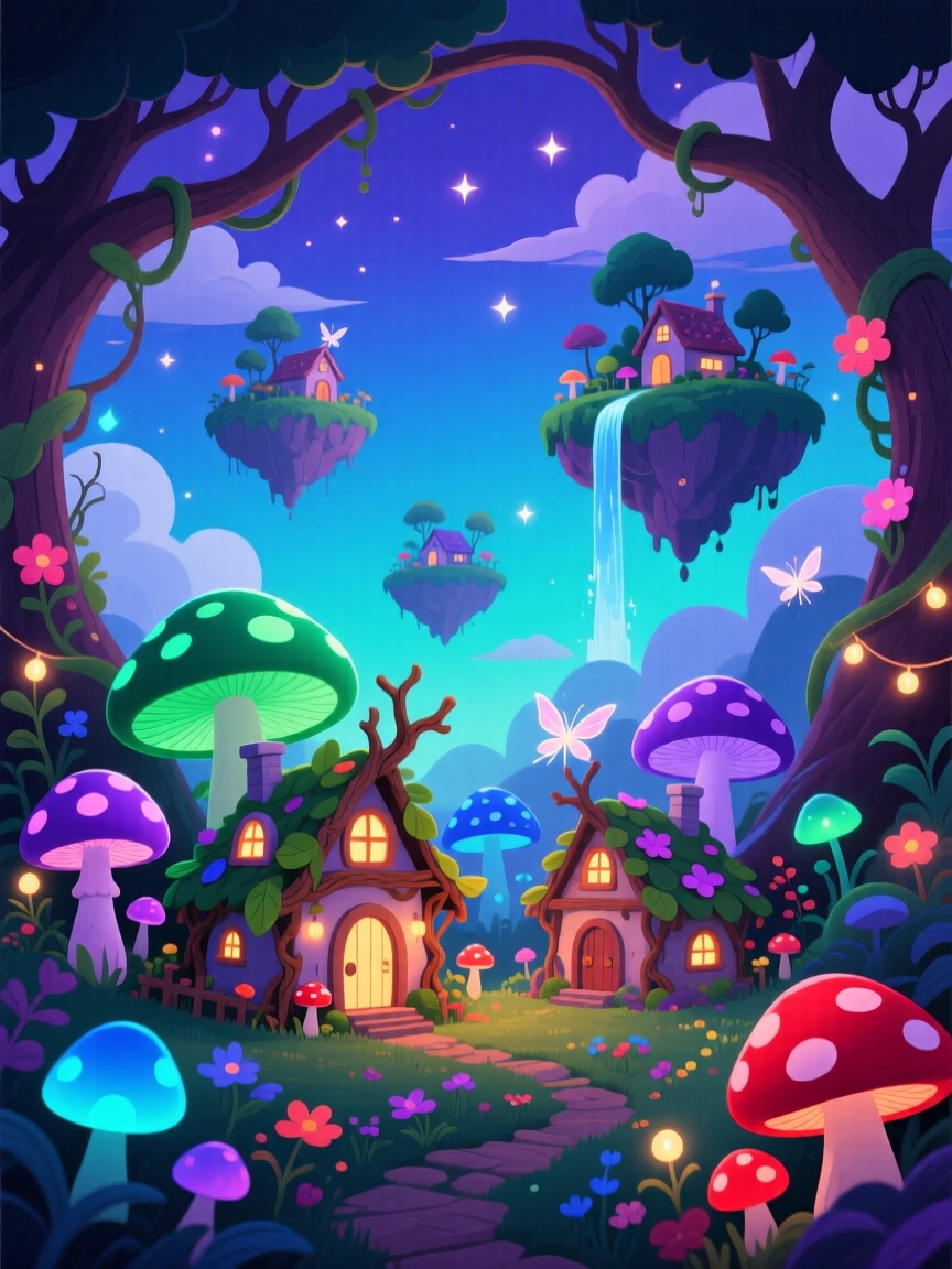 A tiny fairy village hidden among glowing mushrooms and toadstools, set within a dreamlike sky filled with floating islands, framed with a grand, sweeping sense of wonder and scale, with rich jewel tones that evoke wonder and imagination.