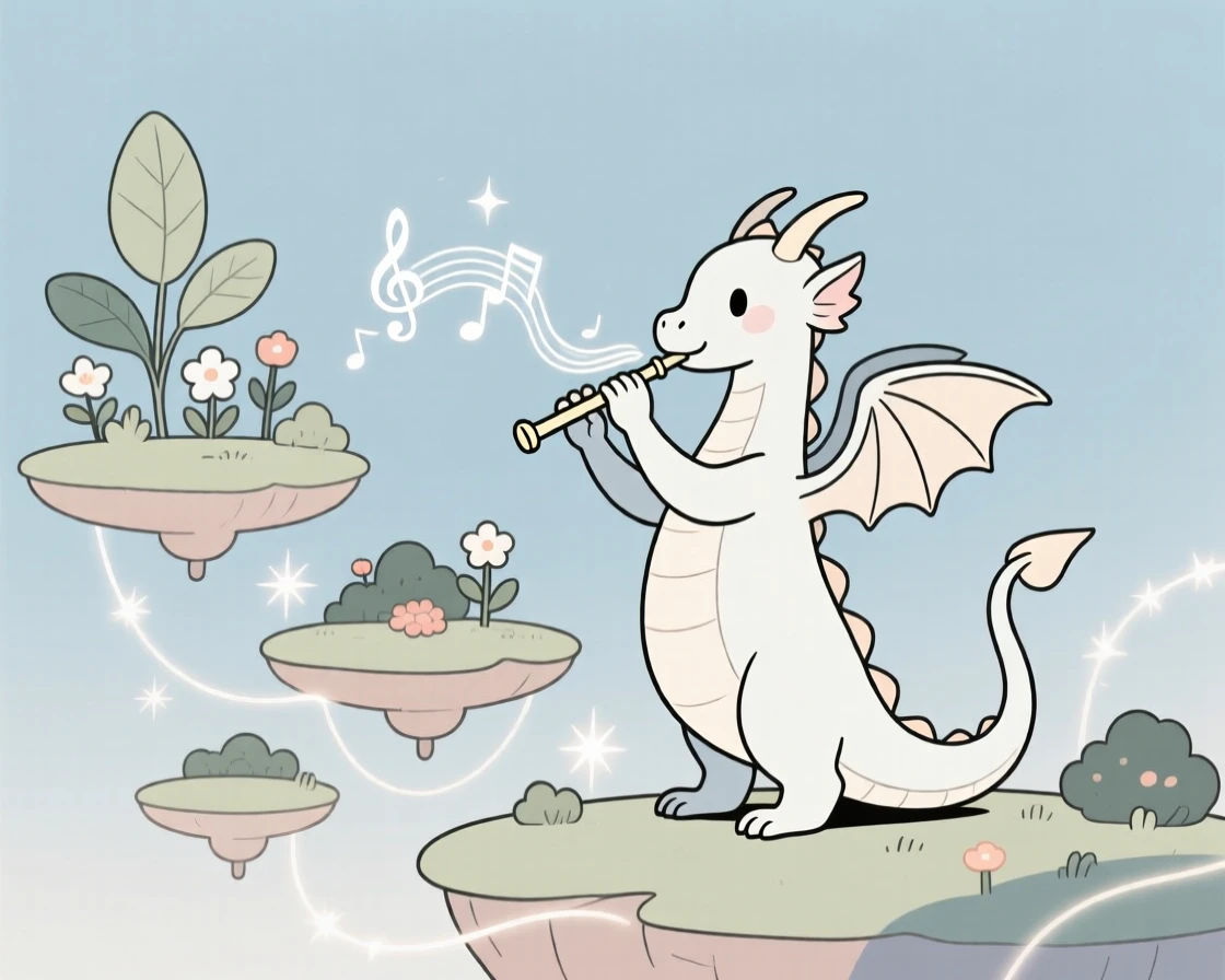 A young dragon playing a magical flute near a floating garden.