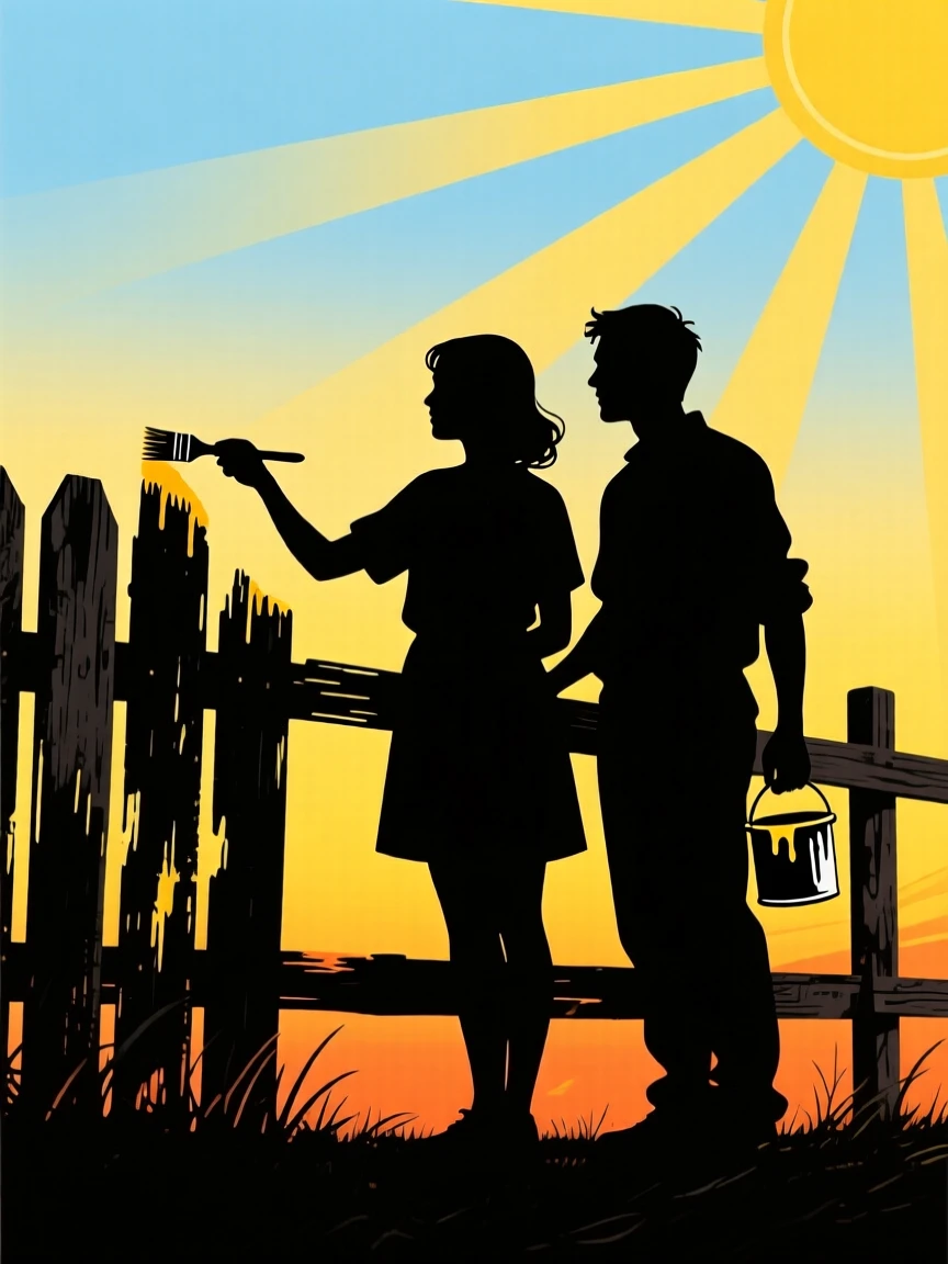 A couple repainting an old wooden fence together on a sunny weekend.