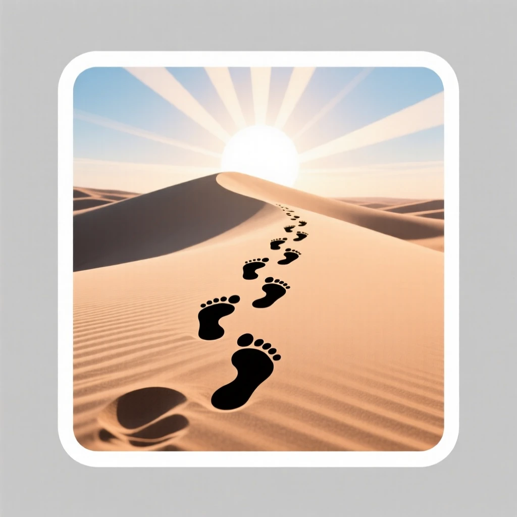 A warmly encouraging scene of a footprints leading up a sandy dune toward a bright sky, surrounded by a gentle sense of stillness, marking the start of something meaningful.