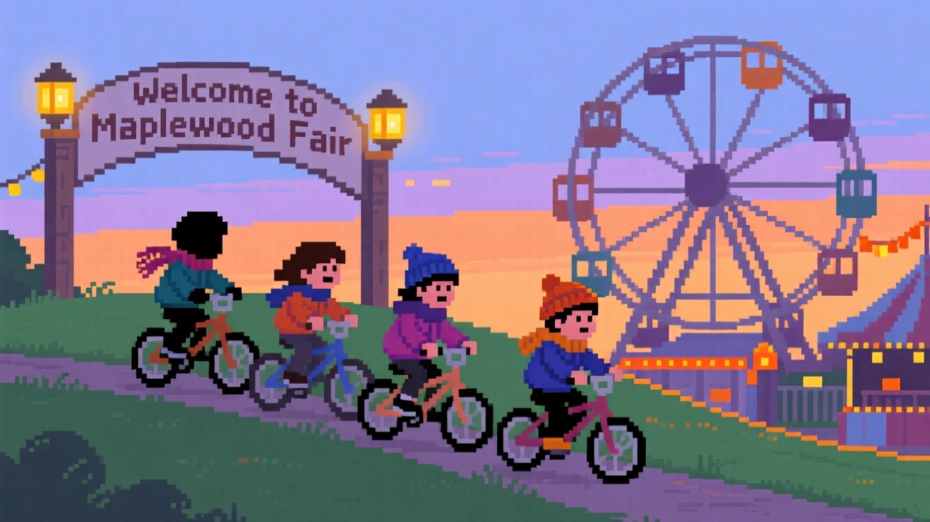 A group of kids riding bicycles down a hill wrapped up against the evening chill, at a small-town fair with a ferris wheel.