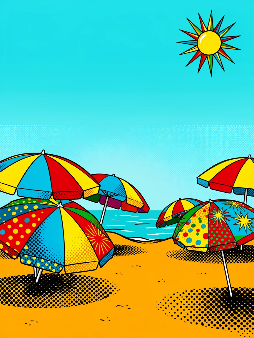 A summer beach scene with elaborate umbrellas dotting the sand