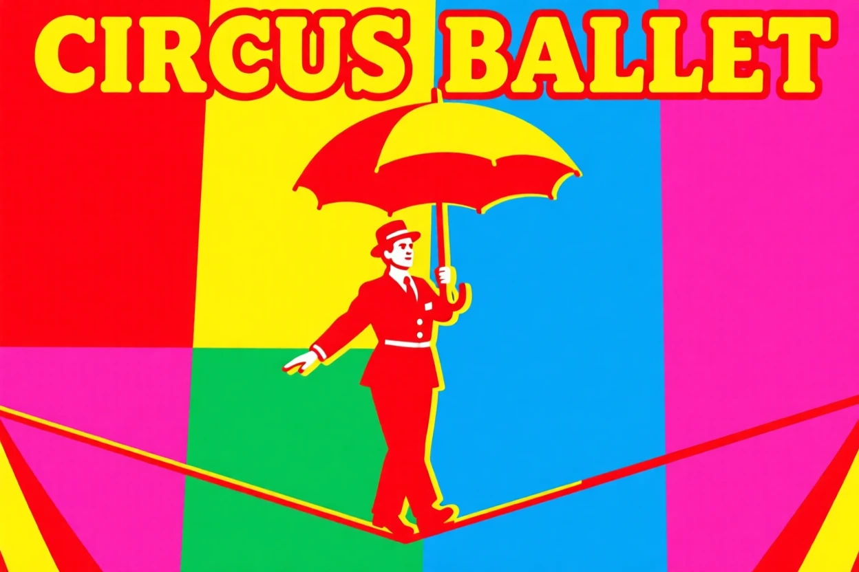 Vintage circus tightrope walker balancing with an umbrella