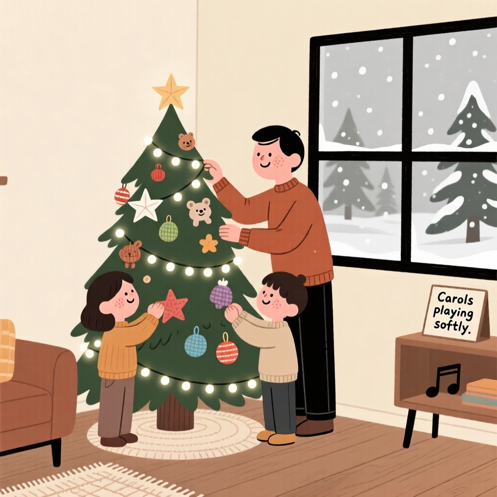 A family decorates a evergreen in the corner with handmade ornaments and twinkling lights while carols plays softly and snow drifts silently outside the window.