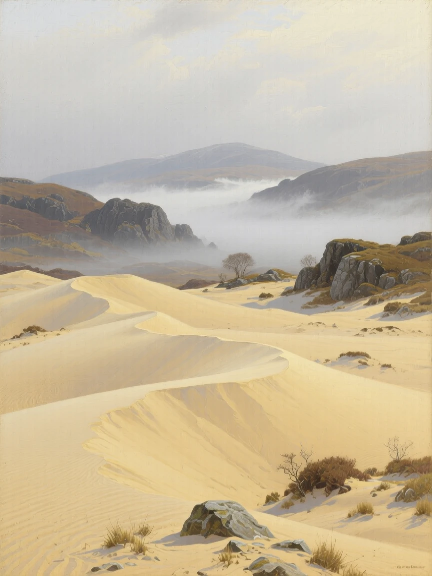 A grand panoramic scene of a vast golden desert with rippling sand dunes, in the Scottish Highlands, in the quiet stillness of midwinter, in thick fog.